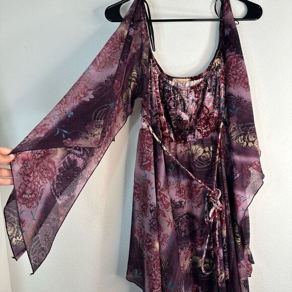 Vintage Y2K Miss Me Boho Floral Fairycore Dress Women Medium Flutter Sleeve Glam - Picture 3 of 10